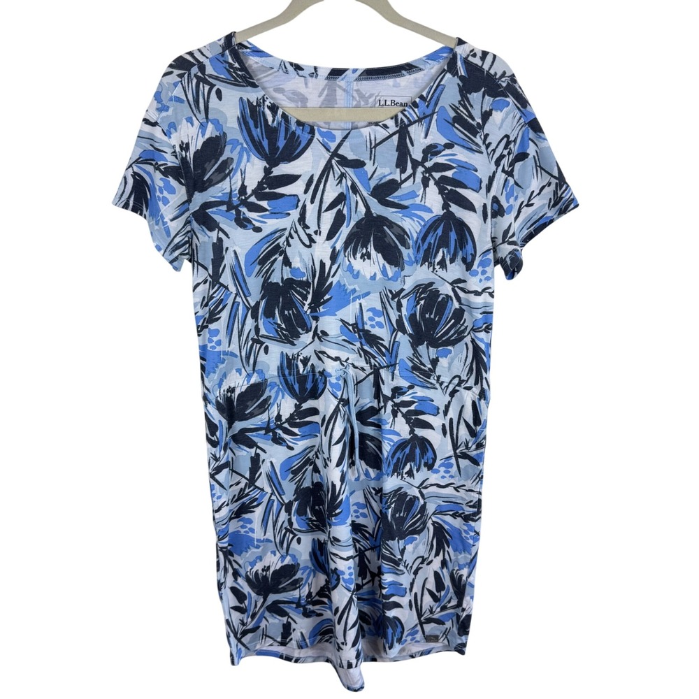 LL Bean Womens Blue Floral Drawstring Waist T-Shirt Dress Short Sleeve Small S